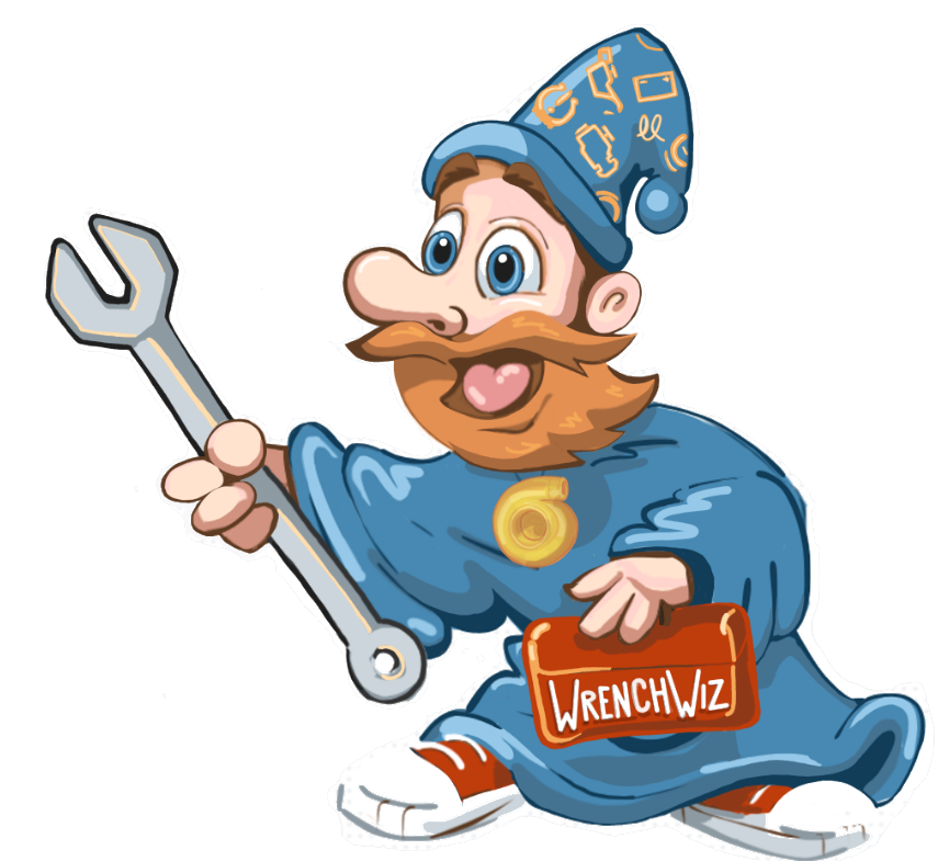 WrenchWiz Auto wizard mascot holding a wrench